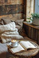 Cozy Cafe Corner with Latte Art and Book on Rustic Table for Relaxing Mornings photo