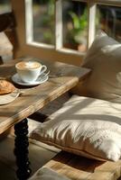 Cozy Cafe Corner with Mocha Mousse Cushions and Latte Art for Relaxing Atmosphere photo