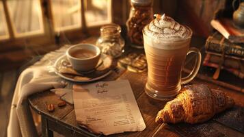 Mocha Mousse Latte and Croissant in Cozy Cafe Setting for Menu Design photo