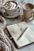 Cozy Coffee Break with Mocha Mousse and Open Journal on a Relaxing Cafe Table Setting photo
