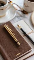 Elegant Mocha Mousse Notebook with Gold Embossing and Fountain Pen for Sophisticated Desk Setup photo