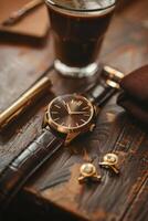 Elegant Mocha Mousse Watch Display with Gold Cufflinks on Polished Wooden Table photo