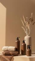 Minimalist Product Ad Featuring Mocha Mousse Water Bottles and Gym Towels for Print and Online Use photo