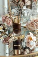 Luxurious Perfume Ad with Mocha Mousse Bottle and Elegant Floral Arrangements for Print Design photo