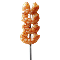 Skewer of shrimp is being held by a fork png
