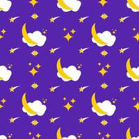 Lullaby crescent on cloud with shooting star and sparkling star on purple background, seamless pattern for wrapping, fabric and pajamas. vector