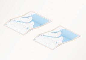Two versions of a folded map of Djibouti with the flag of the country of Djibouti and with the red color highlighted. vector
