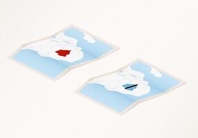 Two versions of a folded map of Botswana with the flag of the country of Botswana and with the red color highlighted. vector