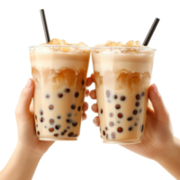 Hands Holding Two Cups of Creamy Bubble Tea with Black Tapioca Pearls Isolated on Transparent Background png