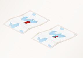 Two versions of a folded map of Azerbaijan with the flag of the country of Azerbaijan and with the red color highlighted. vector
