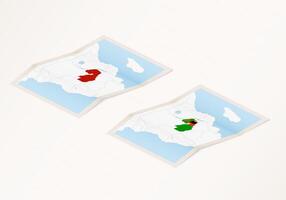 Two versions of a folded map of Zambia with the flag of the country of Zambia and with the red color highlighted. vector
