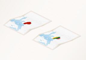 Two versions of a folded map of Lithuania with the flag of the country of Lithuania and with the red color highlighted. vector