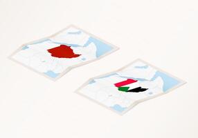 Two versions of a folded map of Sudan with the flag of the country of Sudan and with the red color highlighted. vector