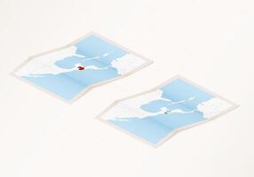 Two versions of a folded map of Guatemala with the flag of the country of Guatemala and with the red color highlighted. vector