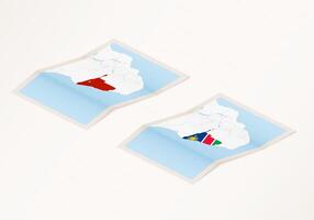 Two versions of a folded map of Namibia with the flag of the country of Namibia and with the red color highlighted. vector