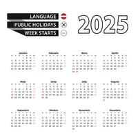 2025 calendar in Latvian language, week starts from Sunday. vector