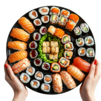 Hands Holding Gourmet Sushi Platters Isolated on Transparent Background png