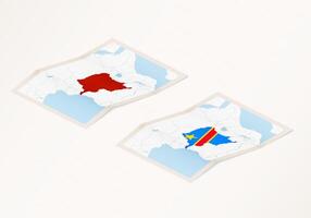 Two versions of a folded map of DR Congo with the flag of the country of DR Congo and with the red color highlighted. vector