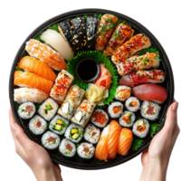 autêntico japonês Sushi apresentação apresentando sashimi e maki rolos isolado em transparente fundo png