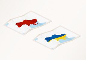 Two versions of a folded map of Ukraine with the flag of the country of Ukraine and with the red color highlighted. vector