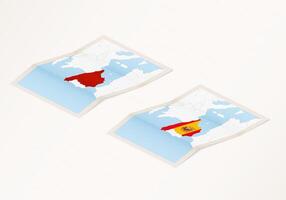 Two versions of a folded map of Spain with the flag of the country of Spain and with the red color highlighted. vector