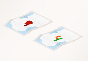 Two versions of a folded map of Niger with the flag of the country of Niger and with the red color highlighted. vector