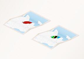 Two versions of a folded map of Tanzania with the flag of the country of Tanzania and with the red color highlighted. vector