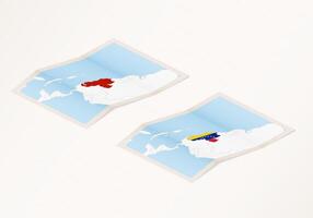 Two versions of a folded map of Venezuela with the flag of the country of Venezuela and with the red color highlighted. vector