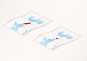 Two versions of a folded map of Georgia with the flag of the country of Georgia and with the red color highlighted. vector
