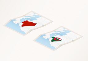Two versions of a folded map of Algeria with the flag of the country of Algeria and with the red color highlighted. vector