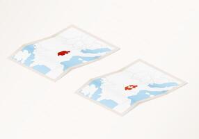 Two versions of a folded map of Switzerland with the flag of the country of Switzerland and with the red color highlighted. vector