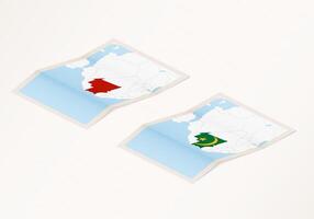 Two versions of a folded map of Mauritania with the flag of the country of Mauritania and with the red color highlighted. vector