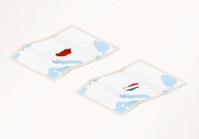 Two versions of a folded map of Hungary with the flag of the country of Hungary and with the red color highlighted. vector