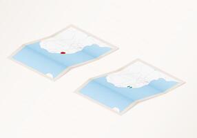 Two versions of a folded map of Sierra Leone with the flag of the country of Sierra Leone and with the red color highlighted. vector