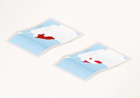 Two versions of a folded map of Peru with the flag of the country of Peru and with the red color highlighted. vector