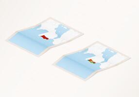 Two versions of a folded map of Portugal with the flag of the country of Portugal and with the red color highlighted. vector