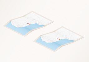 Two versions of a folded map of Togo with the flag of the country of Togo and with the red color highlighted. vector