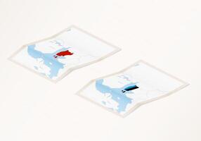 Two versions of a folded map of Estonia with the flag of the country of Estonia and with the red color highlighted. vector