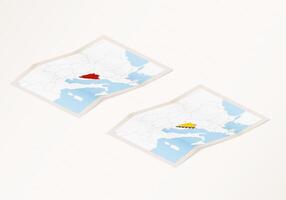 Two versions of a folded map of Bosnia and Herzegovina with the flag of the country of Bosnia and Herzegovina and with the red color highlighted. vector