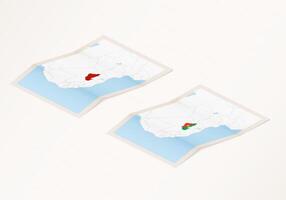 Two versions of a folded map of Burkina Faso with the flag of the country of Burkina Faso and with the red color highlighted. vector