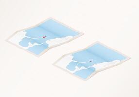 Two versions of a folded map of Dominican Republic with the flag of the country of Dominican Republic and with the red color highlighted. vector