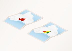 Two versions of a folded map of Bolivia with the flag of the country of Bolivia and with the red color highlighted. vector