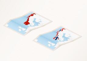 Two versions of a folded map of Norway with the flag of the country of Norway and with the red color highlighted. vector