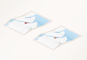 Two versions of a folded map of Eritrea with the flag of the country of Eritrea and with the red color highlighted. vector