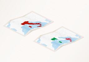 Two versions of a folded map of Italy with the flag of the country of Italy and with the red color highlighted. vector