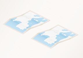 Two versions of a folded map of Andorra with the flag of the country of Andorra and with the red color highlighted. vector