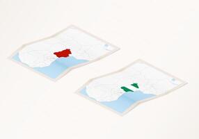 Two versions of a folded map of Nigeria with the flag of the country of Nigeria and with the red color highlighted. vector