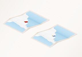 Two versions of a folded map of Uruguay with the flag of the country of Uruguay and with the red color highlighted. vector