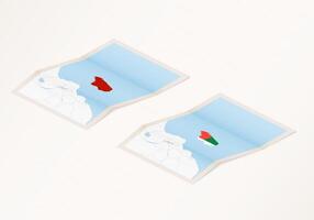 Two versions of a folded map of Madagascar with the flag of the country of Madagascar and with the red color highlighted. vector