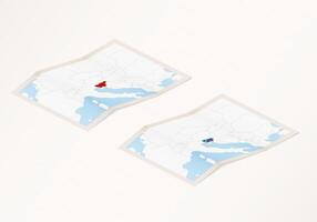 Two versions of a folded map of Slovenia with the flag of the country of Slovenia and with the red color highlighted. vector